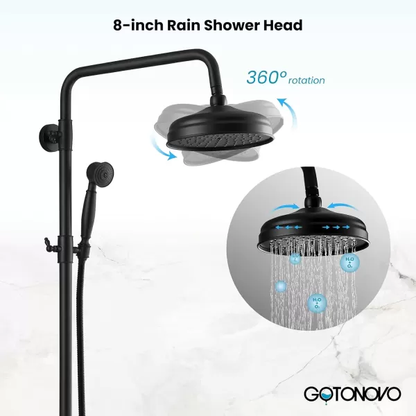 imagegotonovo Bathroom Shower Faucet Rain Mixer 8 Inch Round Shower Head Double Cross Handle with Tub Spout Wall Mount Bathroom Shower Fixtures 3 Function ABS Handheld Sprayer Polished ChromeMatte Black