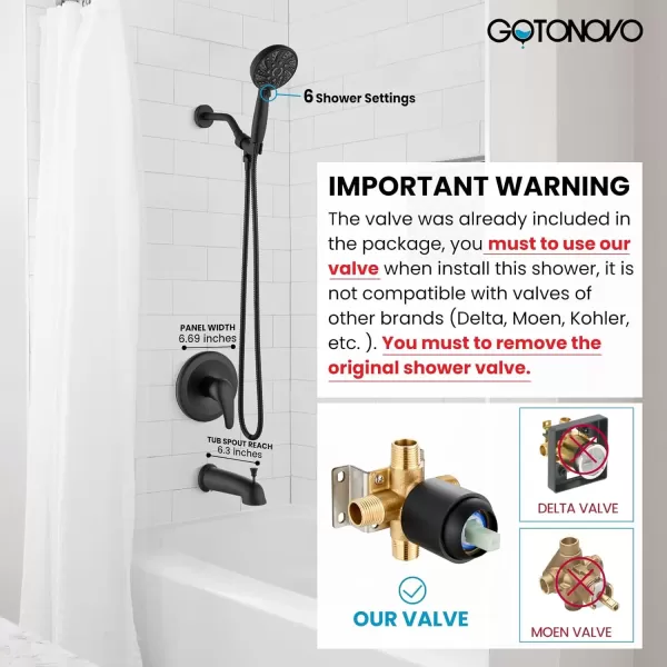 imagegotonovo Bathroom Shower Head Kit High Pressure Combo System Shower Faucet 6 Modes ABS Handheld Spray Shower Trim Kit Valve Included Shower Head and Handle Set Matte BlackMatte Black