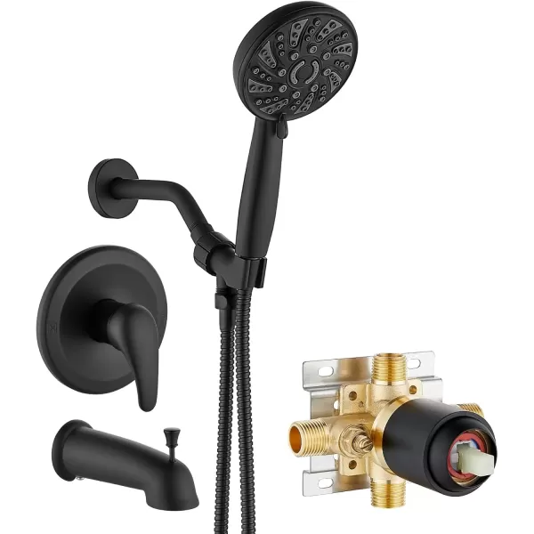 imagegotonovo Bathroom Shower Head Kit High Pressure Combo System Shower Faucet 6 Modes ABS Handheld Spray Shower Trim Kit Valve Included Shower Head and Handle Set Matte Black