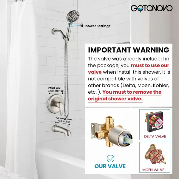 imagegotonovo Bathroom Shower Head Kit High Pressure Combo System Shower Faucet 6 Modes ABS Handheld Spray Shower Trim Kit Valve Included Shower Head and Handle Set Matte BlackBrushed Nickel