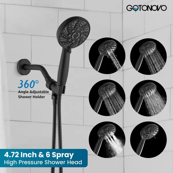imagegotonovo Bathroom Shower Head Kit High Pressure Combo System Shower Faucet 6 Modes ABS Handheld Spray Shower Trim Kit Valve Included Shower Head and Handle Set Matte Black