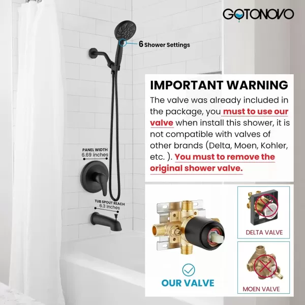 imagegotonovo Bathroom Shower Head Kit High Pressure Combo System Shower Faucet 6 Modes ABS Handheld Spray Shower Trim Kit Valve Included Shower Head and Handle Set Matte Black