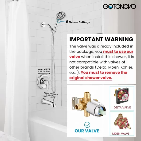 imagegotonovo Bathroom Shower Head Kit High Pressure Combo System Shower Faucet 6 Modes ABS Handheld Spray Shower Trim Kit Valve Included Shower Head and Handle Set Matte BlackPolished Chrome