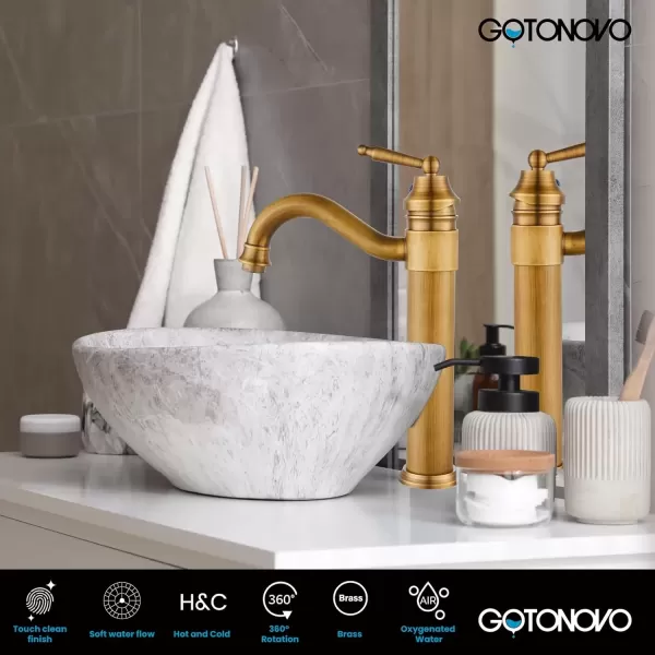 imagegotonovo Bathroom Vessel Sink Faucet Single Handle Brass Long Reach Bathroom Faucet 1 Hole Deck Mounted Mixer Tap with Pop Up Drain Polished GoldAntique Brass Sink Faucet With Drain