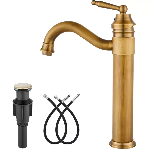 imagegotonovo Bathroom Vessel Sink Faucet Single Handle Brass Long Reach Bathroom Faucet 1 Hole Deck Mounted Mixer Tap with Pop Up Drain Polished GoldAntique Brass Sink Faucet With Drain