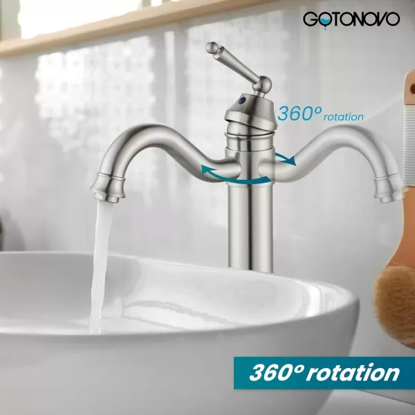 imagegotonovo Bathroom Vessel Sink Faucet Single Handle Brass Long Reach Bathroom Faucet 1 Hole Deck Mounted Mixer Tap with Pop Up Drain Polished GoldBrushed Nickel