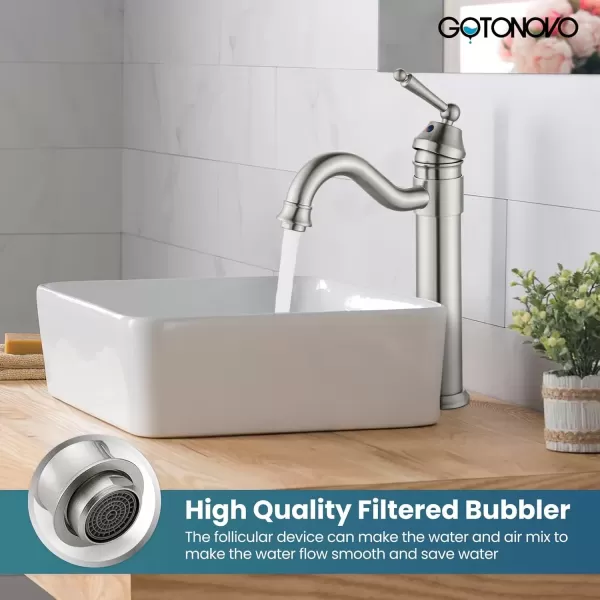imagegotonovo Bathroom Vessel Sink Faucet Single Handle Brass Long Reach Bathroom Faucet 1 Hole Deck Mounted Mixer Tap with Pop Up Drain Polished GoldBrushed Nickel