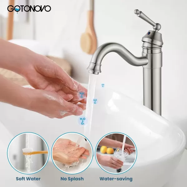 imagegotonovo Bathroom Vessel Sink Faucet Single Handle Brass Long Reach Bathroom Faucet 1 Hole Deck Mounted Mixer Tap with Pop Up Drain Polished GoldBrushed Nickel