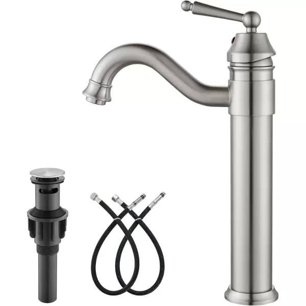 imagegotonovo Bathroom Vessel Sink Faucet Single Handle Brass Long Reach Bathroom Faucet 1 Hole Deck Mounted Mixer Tap with Pop Up Drain Polished GoldBrushed Nickel
