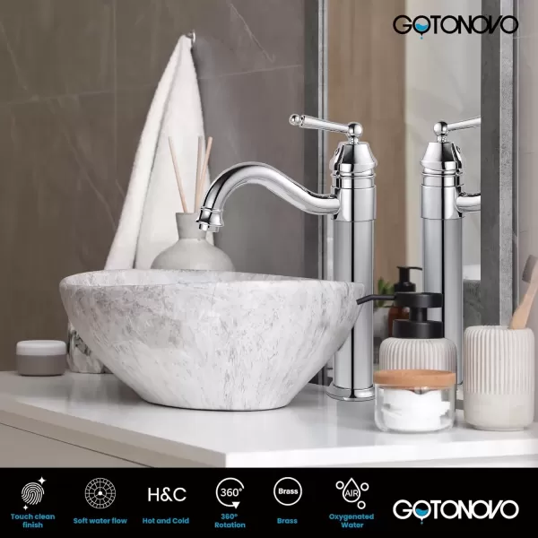 imagegotonovo Bathroom Vessel Sink Faucet Single Handle Brass Long Reach Bathroom Faucet 1 Hole Deck Mounted Mixer Tap with Pop Up Drain Polished GoldPolished Chrome