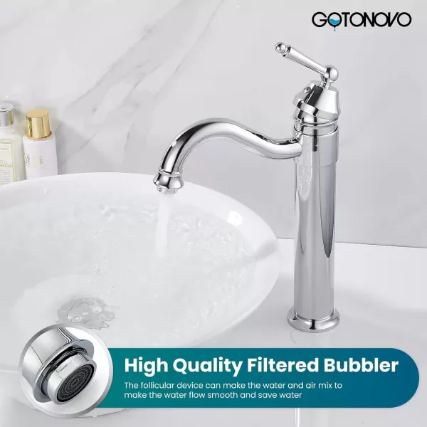 imagegotonovo Bathroom Vessel Sink Faucet Single Handle Brass Long Reach Bathroom Faucet 1 Hole Deck Mounted Mixer Tap with Pop Up Drain Polished GoldPolished Chrome