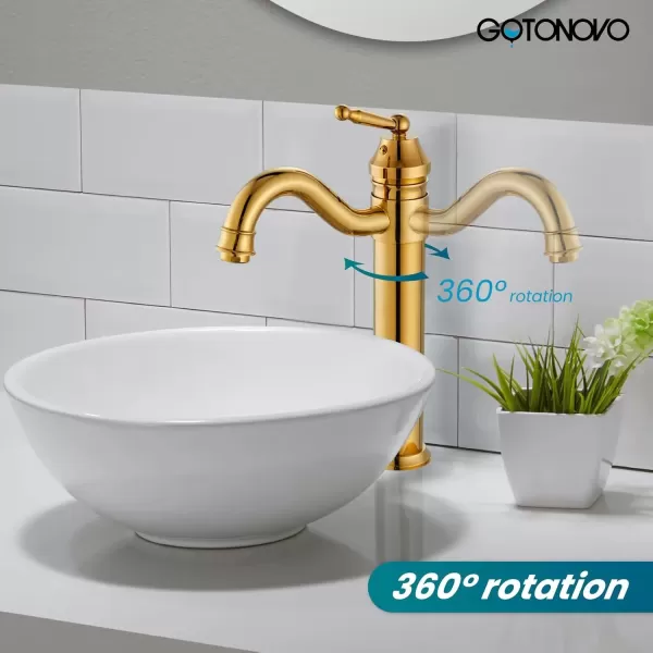 imagegotonovo Bathroom Vessel Sink Faucet Single Handle Brass Long Reach Bathroom Faucet 1 Hole Deck Mounted Mixer Tap with Pop Up Drain Polished GoldPolished Gold