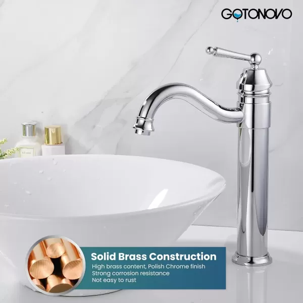 imagegotonovo Bathroom Vessel Sink Faucet Single Handle Brass Long Reach Bathroom Faucet 1 Hole Deck Mounted Mixer Tap with Pop Up Drain Polished GoldPolished Chrome