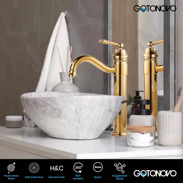 imagegotonovo Bathroom Vessel Sink Faucet Single Handle Brass Long Reach Bathroom Faucet 1 Hole Deck Mounted Mixer Tap with Pop Up Drain Polished GoldPolished Gold