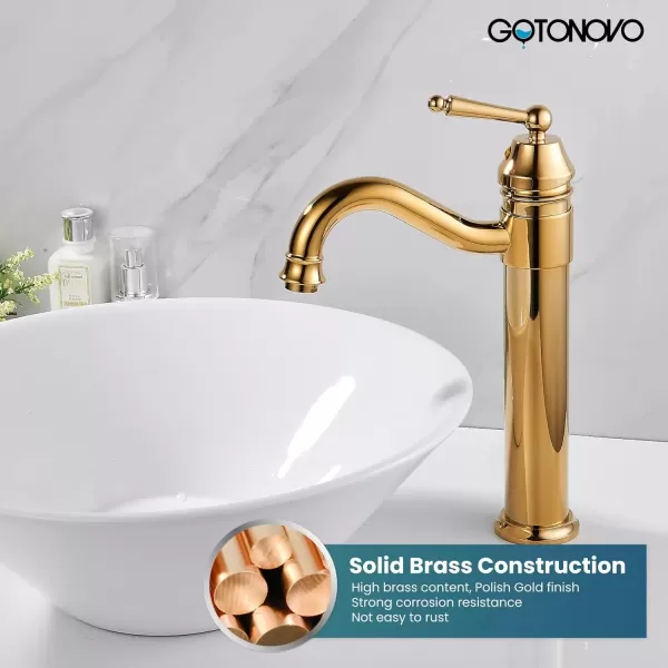 imagegotonovo Bathroom Vessel Sink Faucet Single Handle Brass Long Reach Bathroom Faucet 1 Hole Deck Mounted Mixer Tap with Pop Up Drain Polished GoldPolished Gold