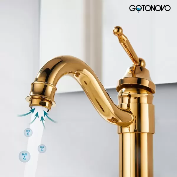 imagegotonovo Bathroom Vessel Sink Faucet Single Handle Brass Long Reach Bathroom Faucet 1 Hole Deck Mounted Mixer Tap with Pop Up Drain Polished GoldPolished Gold