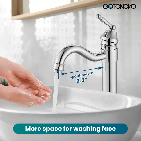 imagegotonovo Bathroom Vessel Sink Faucet Single Handle Brass Long Reach Bathroom Faucet 1 Hole Deck Mounted Mixer Tap with Pop Up Drain Polished GoldPolished Chrome