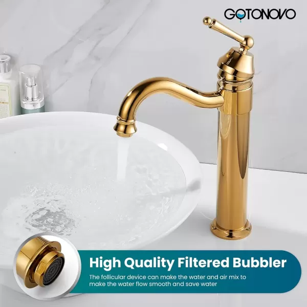 imagegotonovo Bathroom Vessel Sink Faucet Single Handle Brass Long Reach Bathroom Faucet 1 Hole Deck Mounted Mixer Tap with Pop Up Drain Polished GoldPolished Gold