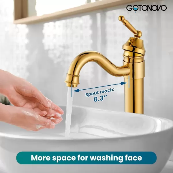 imagegotonovo Bathroom Vessel Sink Faucet Single Handle Brass Long Reach Bathroom Faucet 1 Hole Deck Mounted Mixer Tap with Pop Up Drain Polished GoldPolished Gold