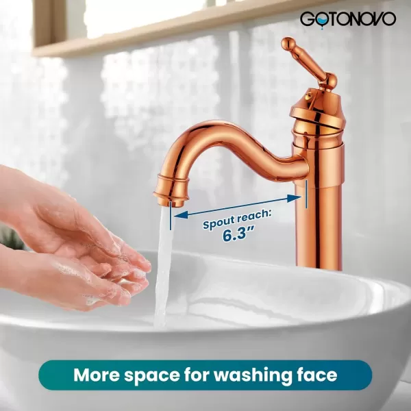 imagegotonovo Bathroom Vessel Sink Faucet Single Handle Brass Long Reach Bathroom Faucet 1 Hole Deck Mounted Mixer Tap with Pop Up Drain Polished GoldRose Gold