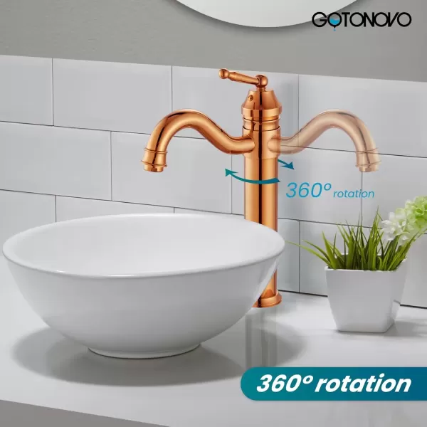 imagegotonovo Bathroom Vessel Sink Faucet Single Handle Brass Long Reach Bathroom Faucet 1 Hole Deck Mounted Mixer Tap with Pop Up Drain Polished GoldRose Gold