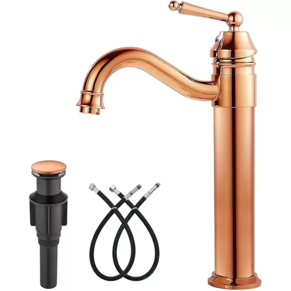 imagegotonovo Bathroom Vessel Sink Faucet Single Handle Brass Long Reach Bathroom Faucet 1 Hole Deck Mounted Mixer Tap with Pop Up Drain Polished GoldRose Gold