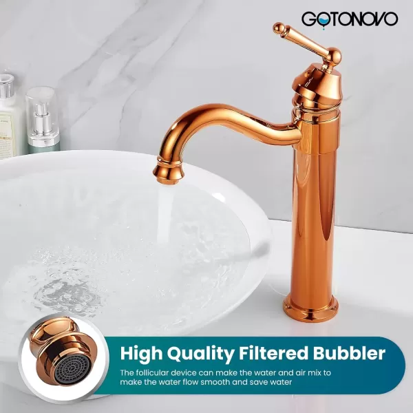 imagegotonovo Bathroom Vessel Sink Faucet Single Handle Brass Long Reach Bathroom Faucet 1 Hole Deck Mounted Mixer Tap with Pop Up Drain Polished GoldRose Gold