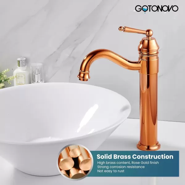 imagegotonovo Bathroom Vessel Sink Faucet Single Handle Brass Long Reach Bathroom Faucet 1 Hole Deck Mounted Mixer Tap with Pop Up Drain Polished GoldRose Gold