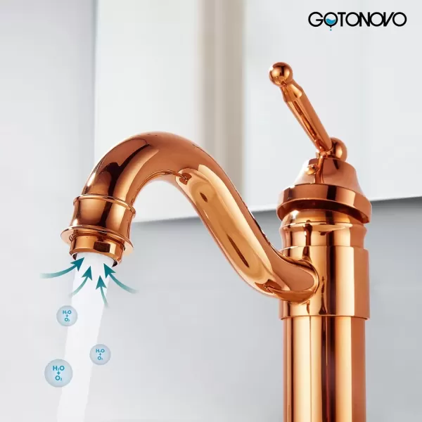 imagegotonovo Bathroom Vessel Sink Faucet Single Handle Brass Long Reach Bathroom Faucet 1 Hole Deck Mounted Mixer Tap with Pop Up Drain Polished GoldRose Gold