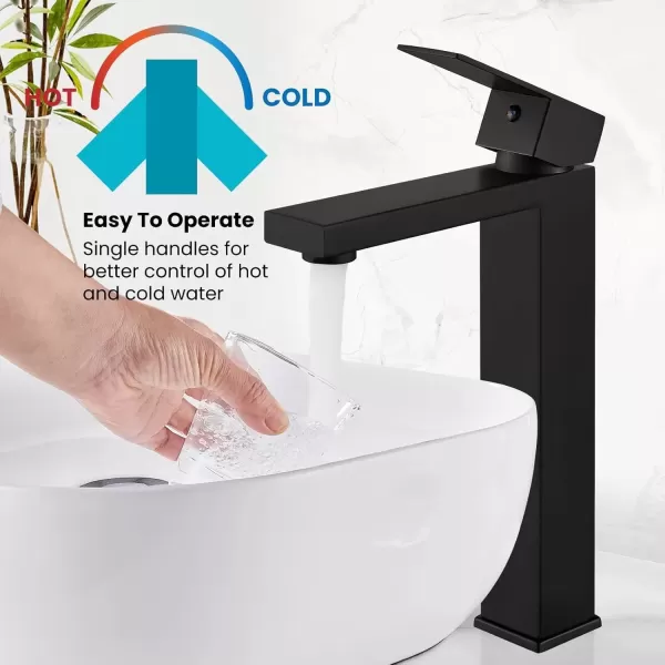 imagegotonovo Bathroom Vessel Sink Faucet for Sink 1 Hole Tall Bowl Basin Deck Mount Brushed Gold Stainless Steel 304 Single Hole One Handle Spout Mixer with Pop Up DrainMatte Black