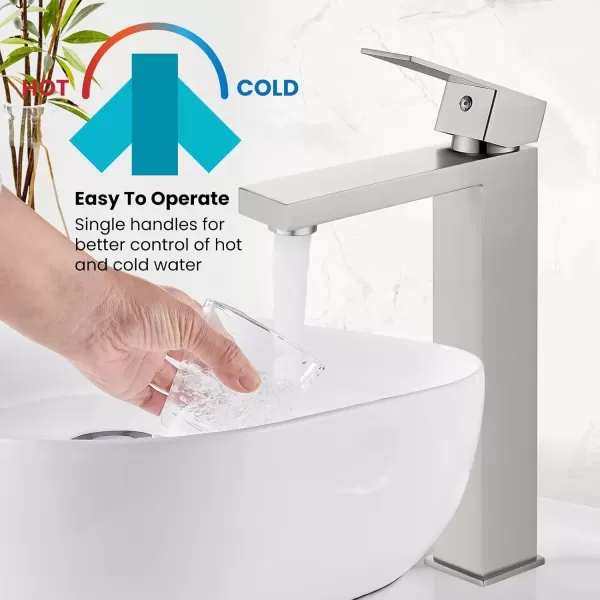 imagegotonovo Bathroom Vessel Sink Faucet for Sink 1 Hole Tall Bowl Basin Deck Mount Brushed Gold Stainless Steel 304 Single Hole One Handle Spout Mixer with Pop Up DrainBrushed Nickel