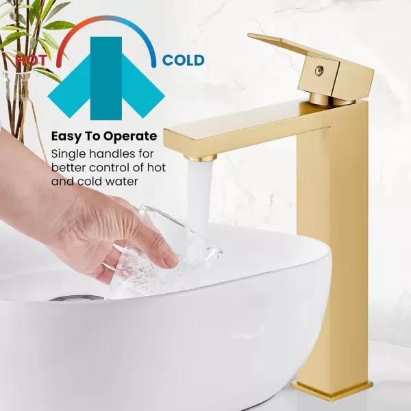 imagegotonovo Bathroom Vessel Sink Faucet for Sink 1 Hole Tall Bowl Basin Deck Mount Brushed Gold Stainless Steel 304 Single Hole One Handle Spout Mixer with Pop Up DrainBrushed Gold