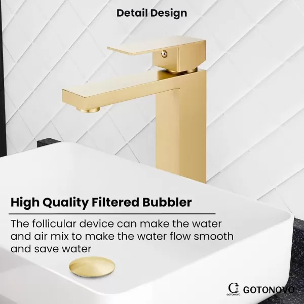 imagegotonovo Bathroom Vessel Sink Faucet for Sink 1 Hole Tall Bowl Basin Deck Mount Brushed Gold Stainless Steel 304 Single Hole One Handle Spout Mixer with Pop Up DrainBrushed Gold