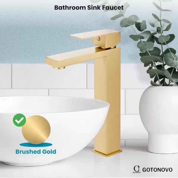 imagegotonovo Bathroom Vessel Sink Faucet for Sink 1 Hole Tall Bowl Basin Deck Mount Brushed Gold Stainless Steel 304 Single Hole One Handle Spout Mixer with Pop Up DrainBrushed Gold