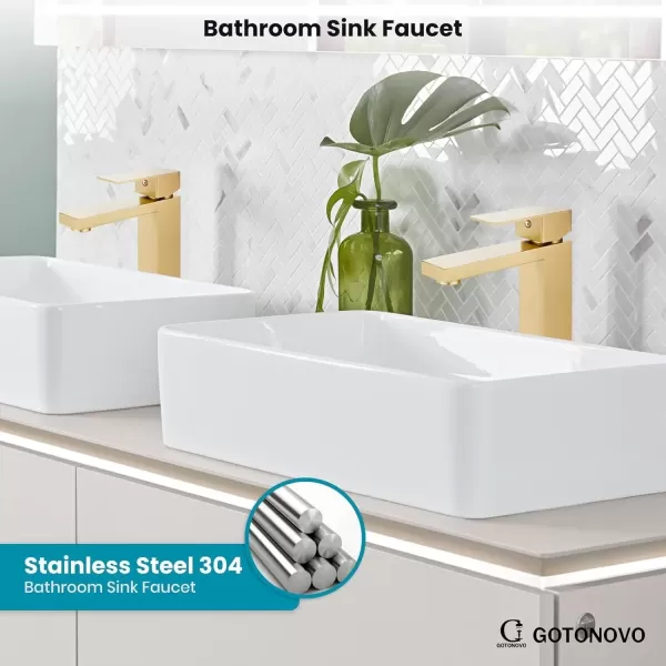 imagegotonovo Bathroom Vessel Sink Faucet for Sink 1 Hole Tall Bowl Basin Deck Mount Brushed Gold Stainless Steel 304 Single Hole One Handle Spout Mixer with Pop Up DrainBrushed Gold