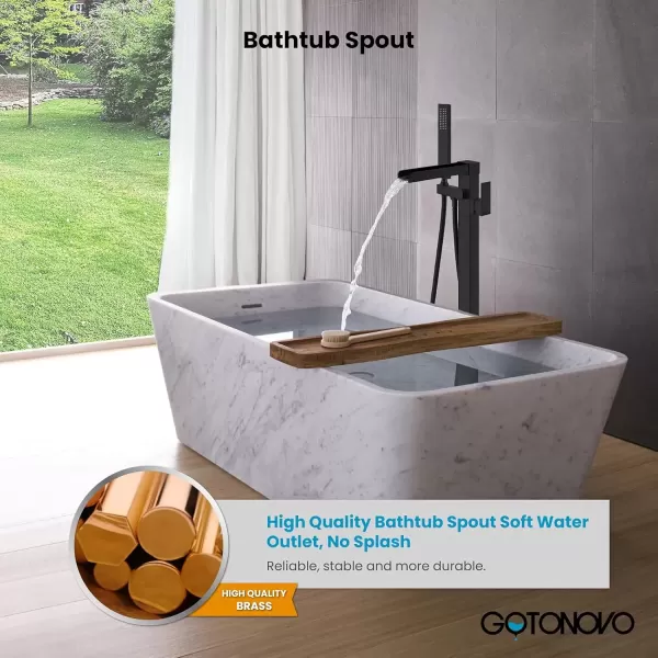 imagegotonovo Black Waterfall Freestanding Bathtub Faucet Floor Mount Tub Filler Single Handle Brass Tap with Hand Shower and 360 Degree Swivel SpoutMatte Black