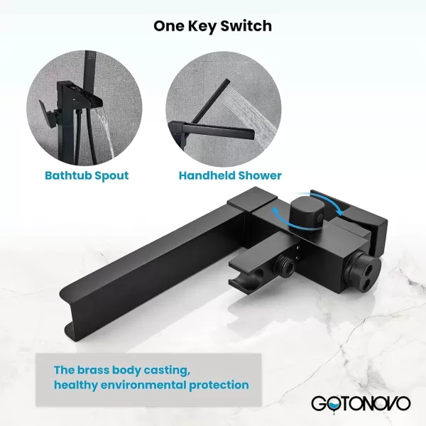 imagegotonovo Black Waterfall Freestanding Bathtub Faucet Floor Mount Tub Filler Single Handle Brass Tap with Hand Shower and 360 Degree Swivel SpoutMatte Black