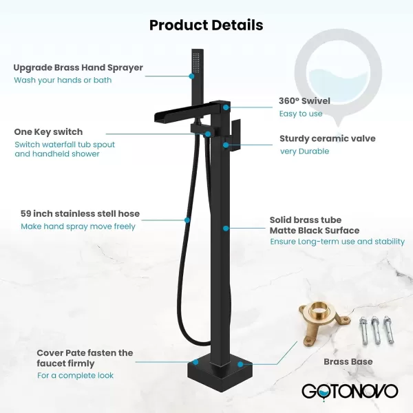 imagegotonovo Black Waterfall Freestanding Bathtub Faucet Floor Mount Tub Filler Single Handle Brass Tap with Hand Shower and 360 Degree Swivel SpoutMatte Black