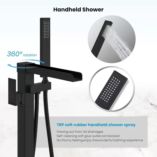 imagegotonovo Black Waterfall Freestanding Bathtub Faucet Floor Mount Tub Filler Single Handle Brass Tap with Hand Shower and 360 Degree Swivel SpoutMatte Black