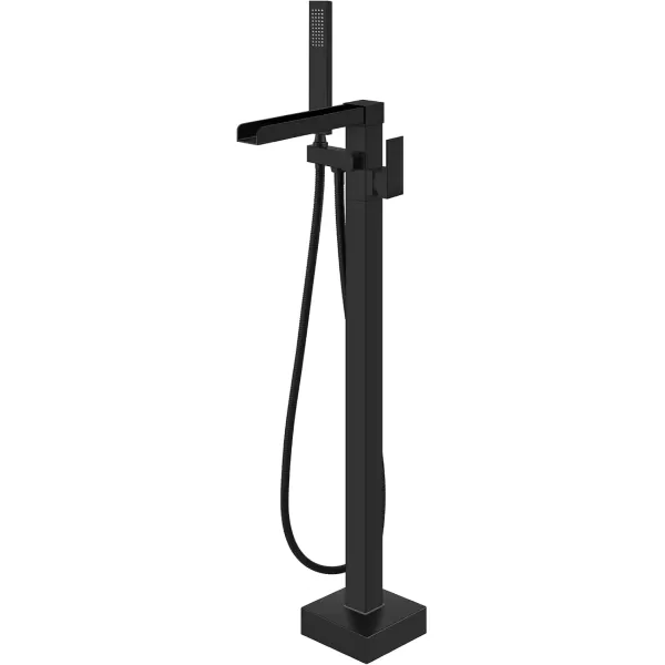 imagegotonovo Black Waterfall Freestanding Bathtub Faucet Floor Mount Tub Filler Single Handle Brass Tap with Hand Shower and 360 Degree Swivel SpoutMatte Black