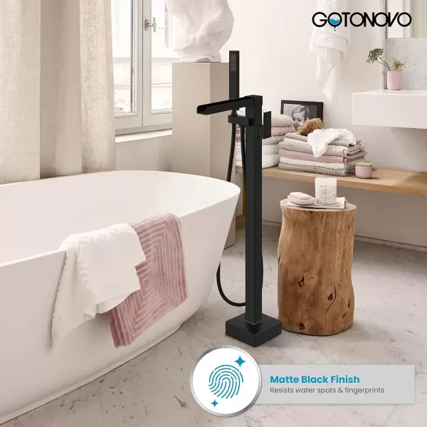 imagegotonovo Black Waterfall Freestanding Bathtub Faucet Floor Mount Tub Filler Single Handle Brass Tap with Hand Shower and 360 Degree Swivel SpoutMatte Black