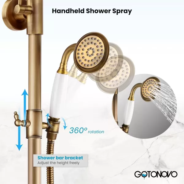 imagegotonovo Brushed Nikcel Shower Faucet 8inch Shower Head Fixture with Handheld Spray Double Lever Handle Tub Spout Triple Function Bathroom Set Wall MountAntique Brass