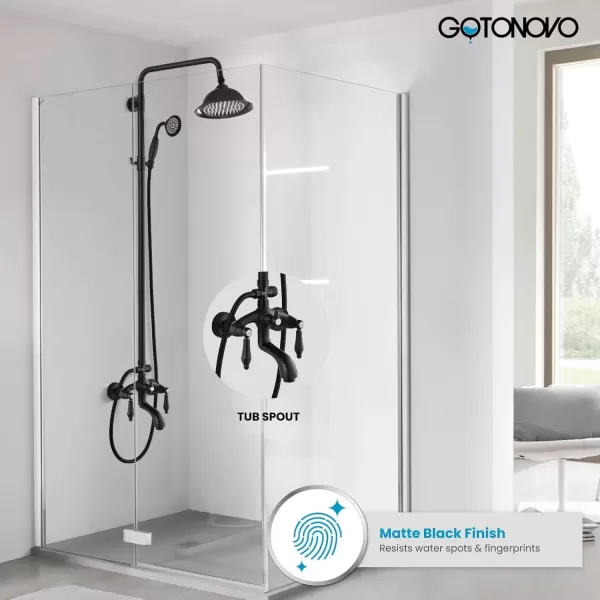 imagegotonovo Brushed Nikcel Shower Faucet 8inch Shower Head Fixture with Handheld Spray Double Lever Handle Tub Spout Triple Function Bathroom Set Wall MountMatte Black
