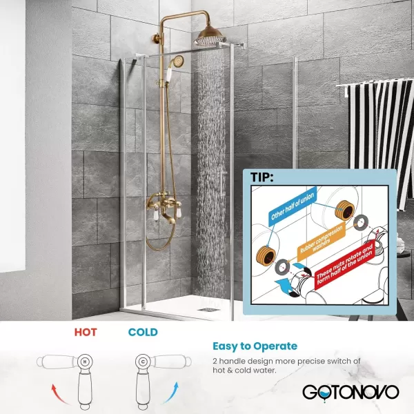 imagegotonovo Brushed Nikcel Shower Faucet 8inch Shower Head Fixture with Handheld Spray Double Lever Handle Tub Spout Triple Function Bathroom Set Wall MountAntique Brass