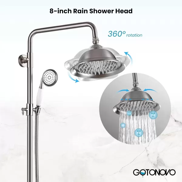 imagegotonovo Brushed Nikcel Shower Faucet 8inch Shower Head Fixture with Handheld Spray Double Lever Handle Tub Spout Triple Function Bathroom Set Wall MountBrushed Nickel