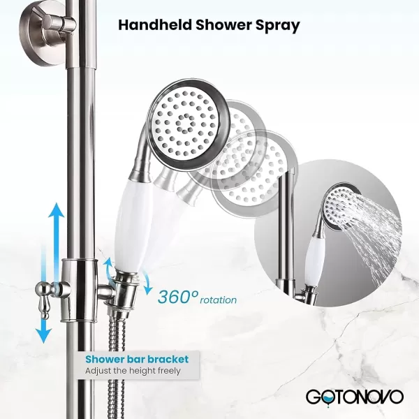 imagegotonovo Brushed Nikcel Shower Faucet 8inch Shower Head Fixture with Handheld Spray Double Lever Handle Tub Spout Triple Function Bathroom Set Wall MountBrushed Nickel