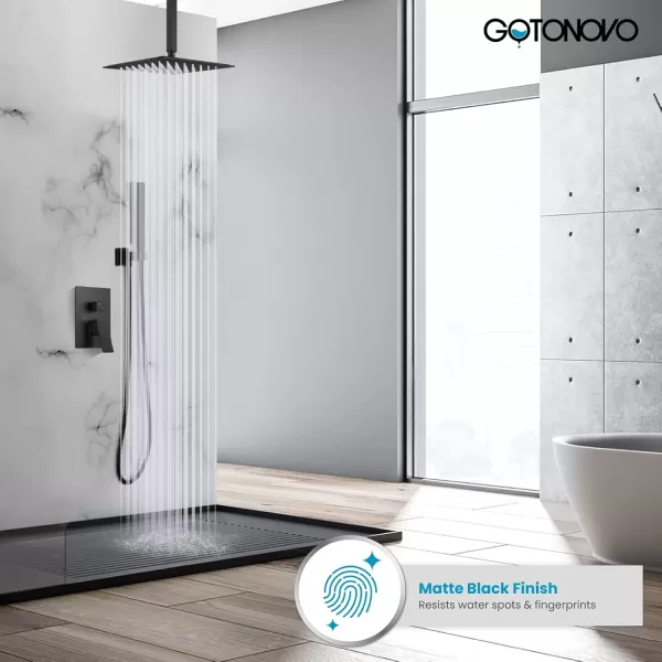 imagegotonovo Ceiling Mount Shower Faucet Set 12 Inch Square Showerhead Bathroom Rainfall Shower System Brushed Nickel Shower Trim Kit 2 in 1 Cylindrical Handheld shower with Roughin ValveMatte Black