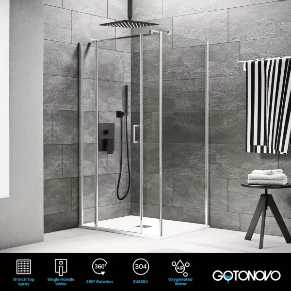 imagegotonovo Ceiling Mount Shower Faucet Set 12 Inch Square Showerhead Bathroom Rainfall Shower System Brushed Nickel Shower Trim Kit 2 in 1 Cylindrical Handheld shower with Roughin ValveMatte Black