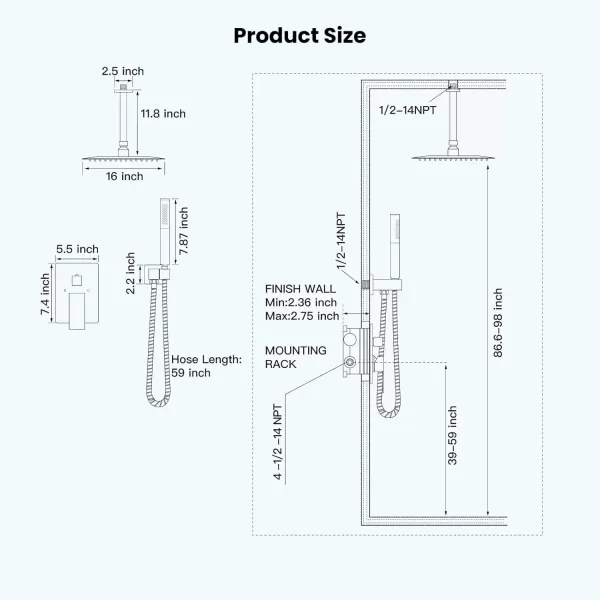 imagegotonovo Ceiling Mount Shower Faucet Set 12 Inch Square Showerhead Bathroom Rainfall Shower System Brushed Nickel Shower Trim Kit 2 in 1 Cylindrical Handheld shower with Roughin ValveMatte Black