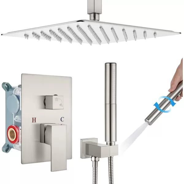 imagegotonovo Ceiling Mount Shower Faucet Set 12 Inch Square Showerhead Bathroom Rainfall Shower System Brushed Nickel Shower Trim Kit 2 in 1 Cylindrical Handheld shower with Roughin ValveBrushed Nickel